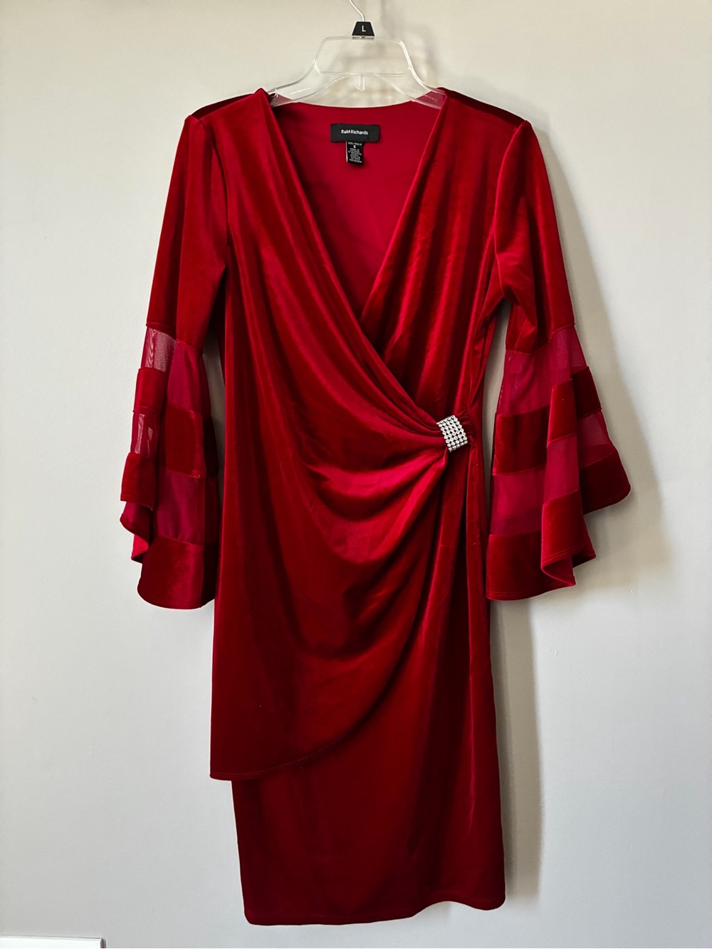 R&M Richards Red Velvet Wrap Dress Rhinestone Buckle Bell Sleeves Size 6